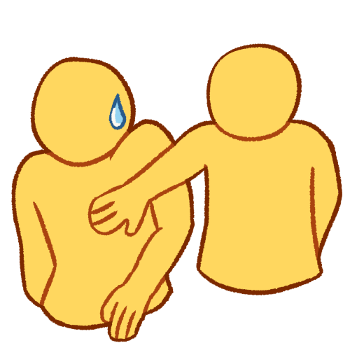 A drawing of two emoji yellow people. One of them is reaching across the other's arm to touch their chest. The person being touched has their shoulders raised uncomfortably and is sweating.